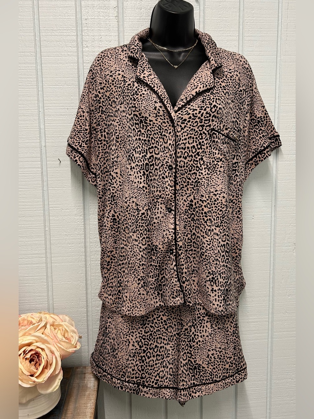 BCBGMaxAzria Pink and Black Leopard Short Sleeve Pajama Set